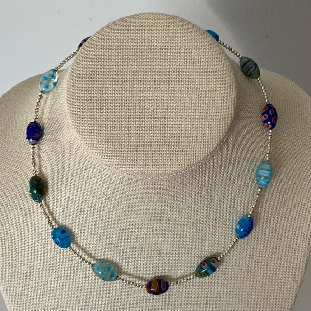 Millefiori Glass Beaded Necklace Silver tone Small Beads Adjustable Colorful EUC